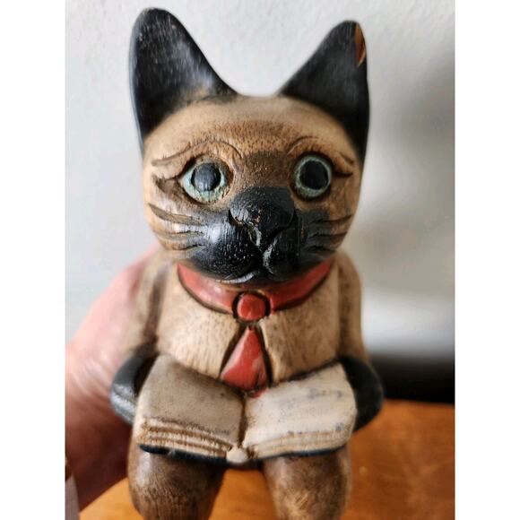 Vintage Folk Art Cat w/ Book & Red Tie Handmade Wooden Whimsical Shelf Sitter 7" - Picture 2 of 11
